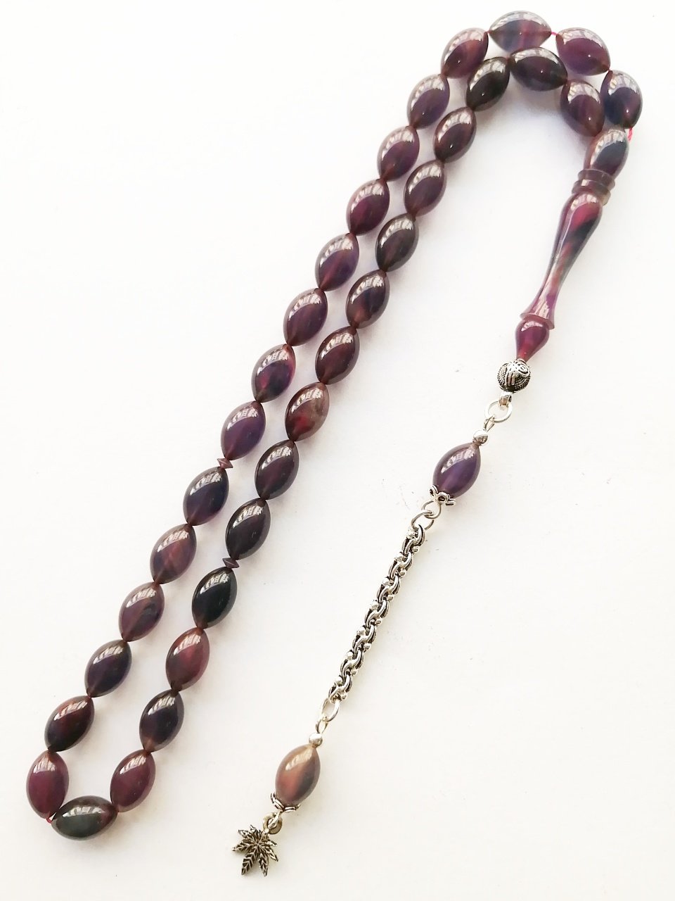 925 Ayar Gümüş Püsküllü Beyzi Kesim Hatasız Hareli Sıkma Kehribar Tesbih