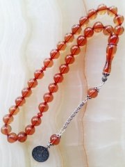 925 Ayar Gümüş Püsküllü Küre Kesim Özel İşçilikli Atölye Yapımı Ateş Kehribar Tesbih