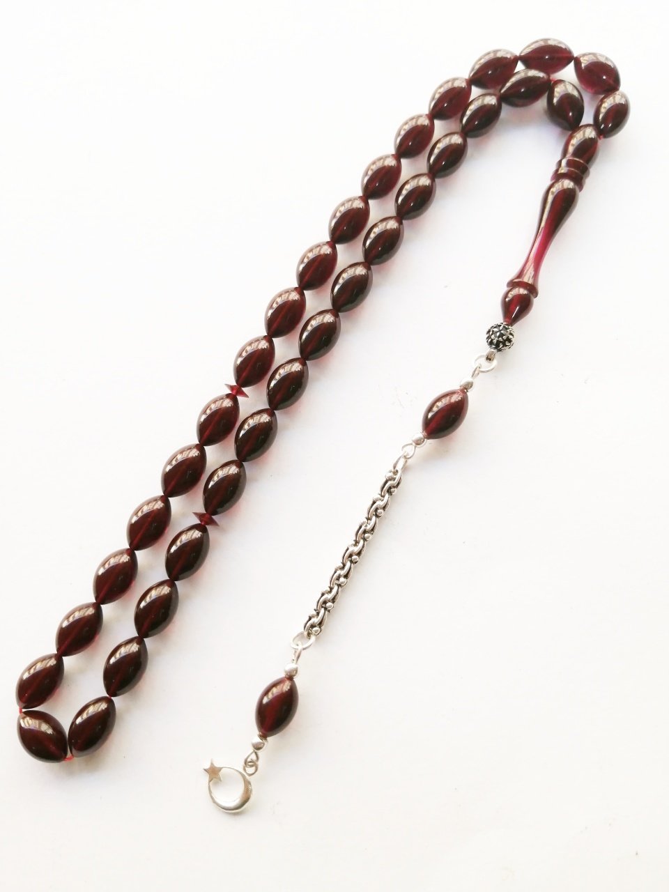 925 Ayar Gümüş Püsküllü Hatasız İşçilikli Beyzi Kesim Bordo Ateş Kehribar Tesbih