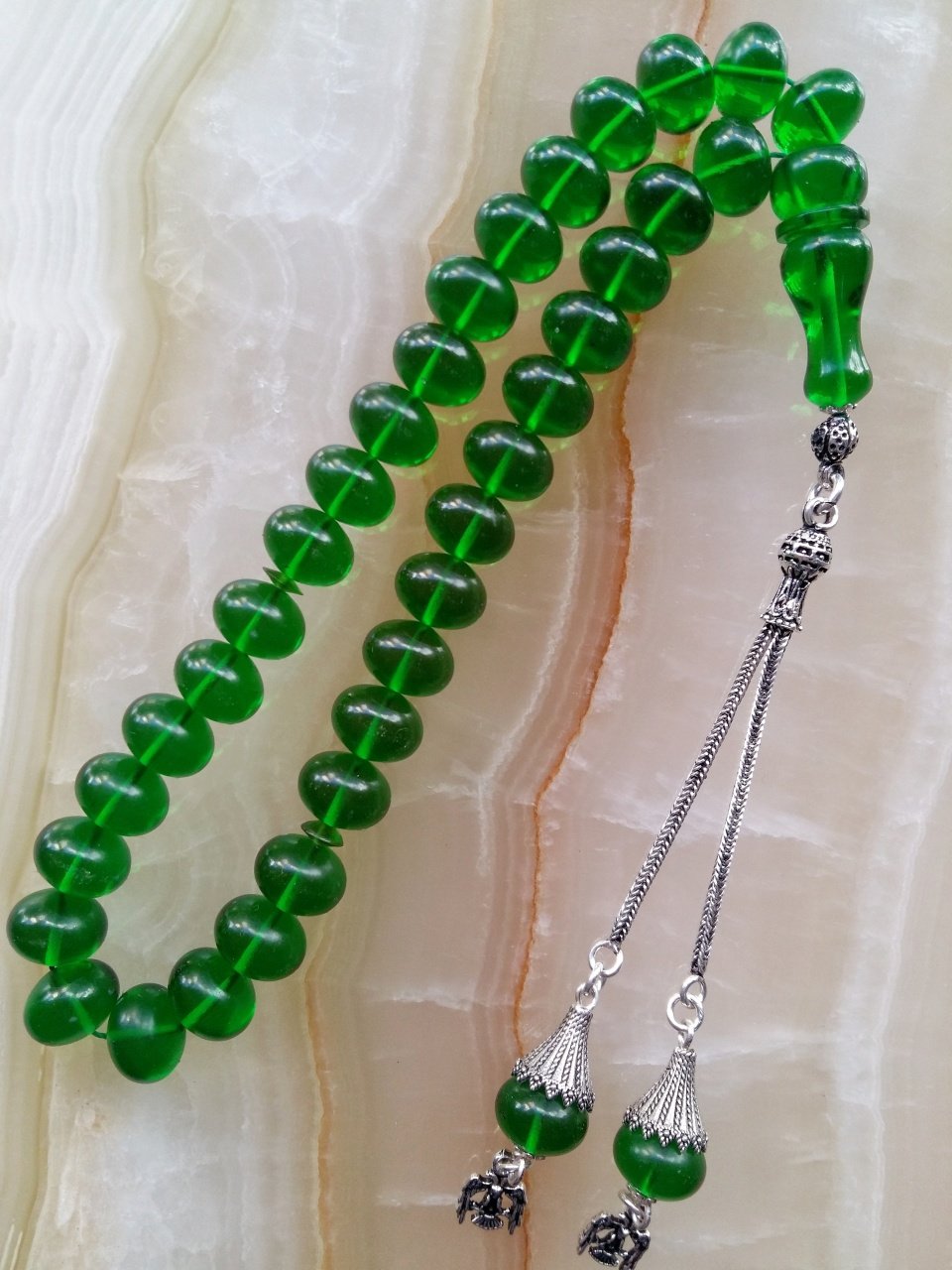 925 Ayar Gümüş Püsküllü Özel İşçilikli Atölye Yapımı Tekerlek Kesim Ateş Kehribar Tesbih