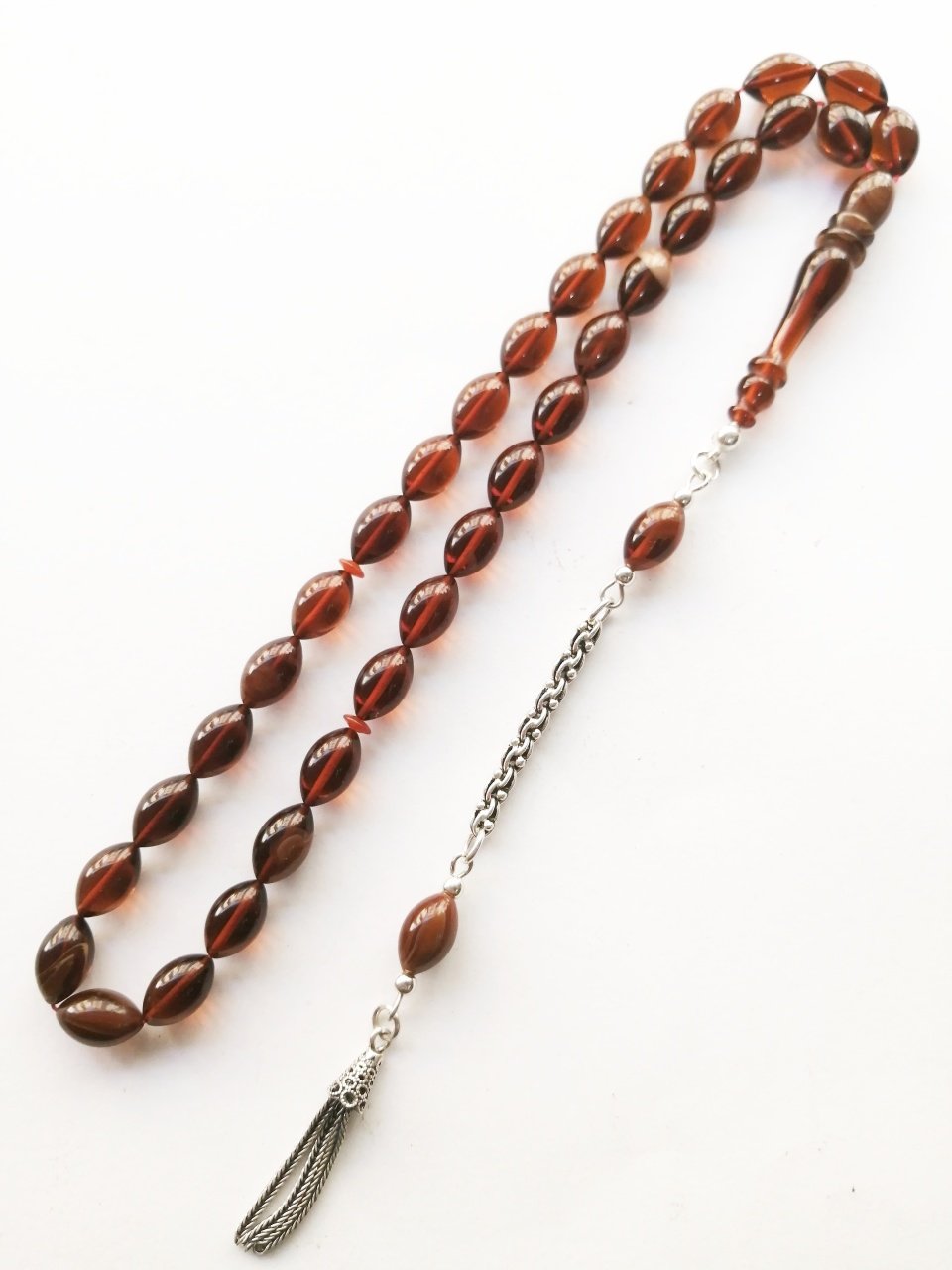 925 Ayar Gümüş Püsküllü Beyzi Kesim Sıkma Kehribar Tesbih