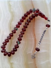 925 Ayar Gümüş Püsküllü Özel İşçilikli Atölye Yapımı Tekerlek Kesim Sıkma Kehribar Tesbih