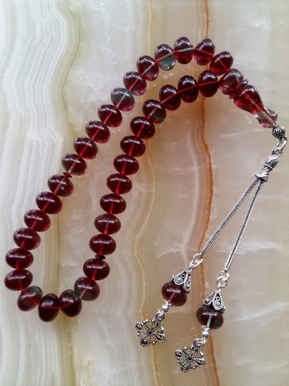 925 Ayar Gümüş Püsküllü Özel İşçilikli Atölye Yapımı Tekerlek Kesim Bilek Boy Sıkma Kehribar Tesbih