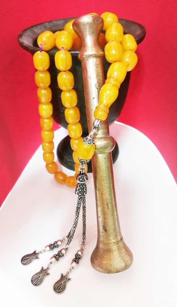 925 Ayar Gümüş Püsküllü Dabbas Malz. Dik Hareli Sıkma Kehribar Tesbih