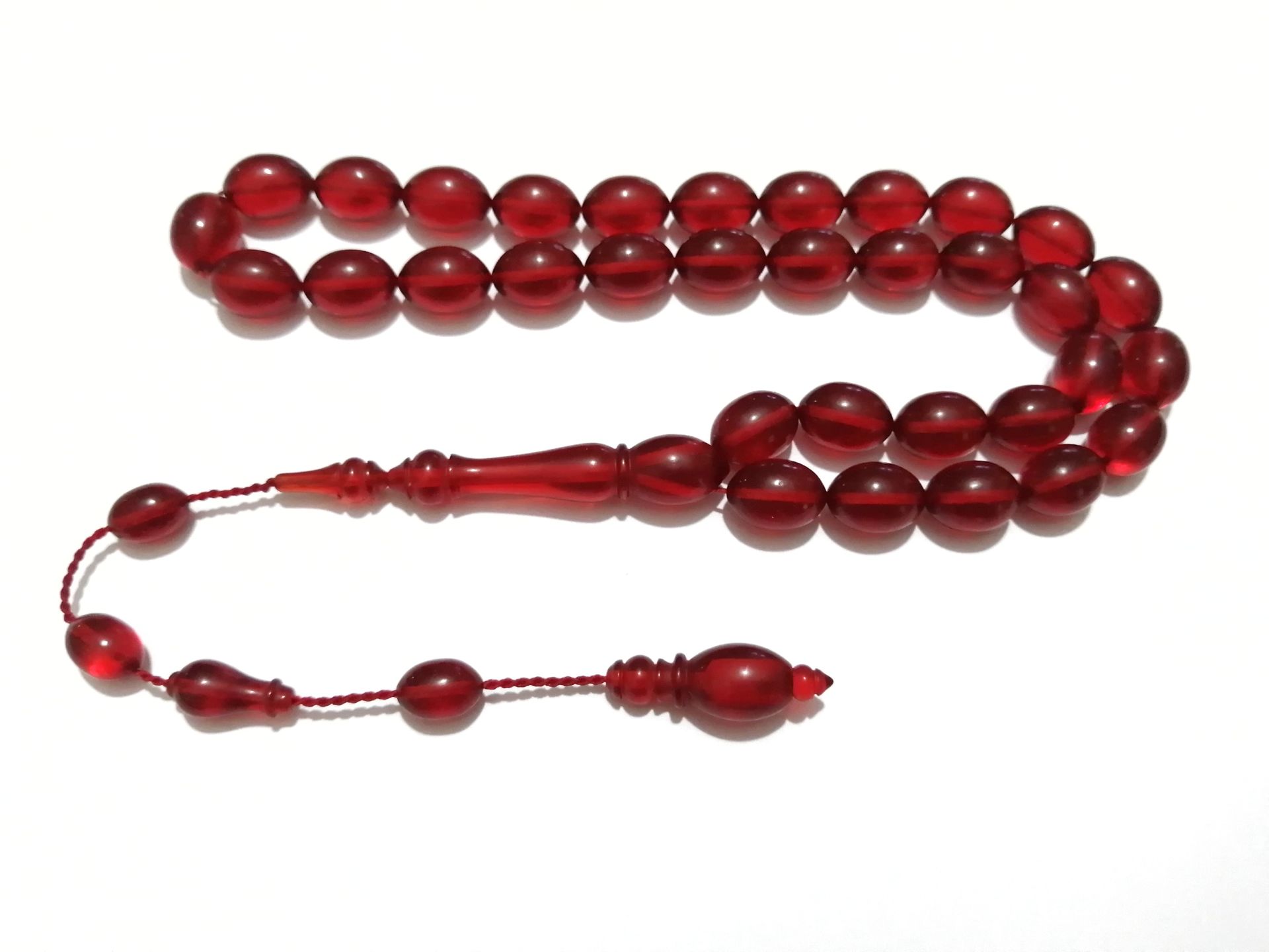 Sistem Püsküllü Beyzi Kesim Kırmızı Ateş Kehribar Tesbih