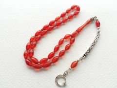 Kral Zincirli Türk Bayrağı  Tasarımlı Gümüş Püsküllü Sıkma Kehribar Tesbih