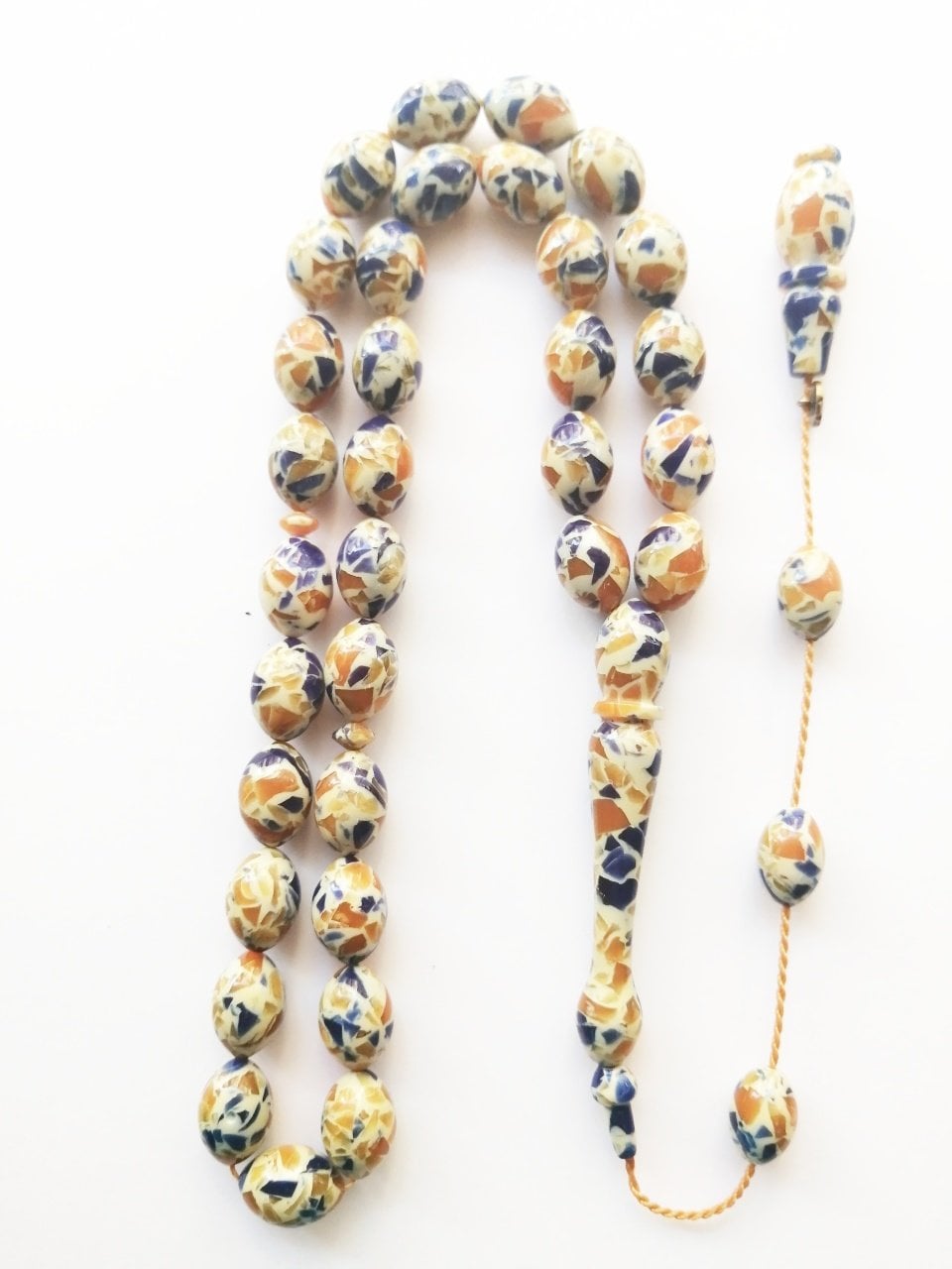 Sistem Püsküllü İmzalı Beyzi Kesim Mozaik Sıkma Kehribar Tesbih