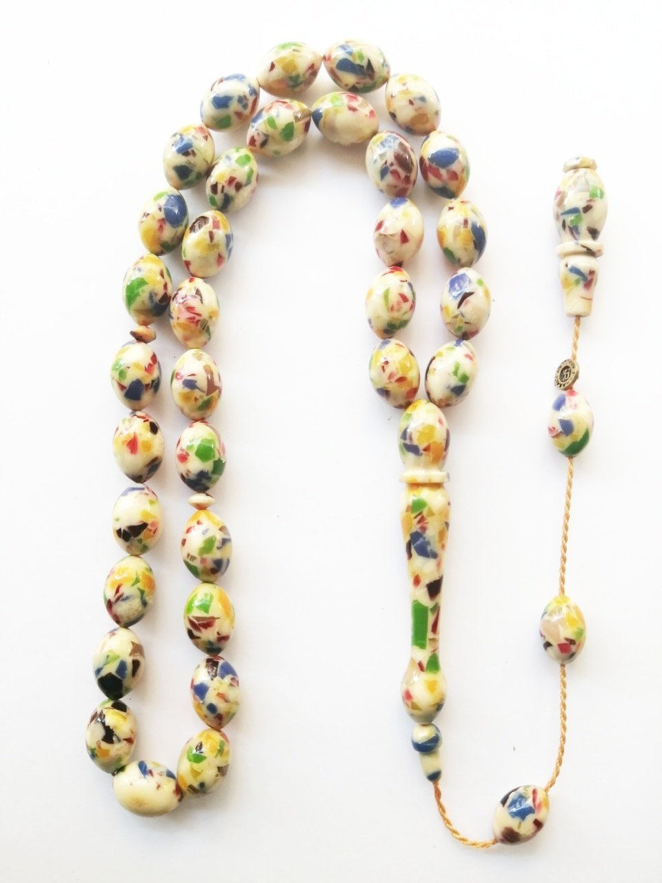 Sistem Püsküllü İmzalı Beyzi Kesim Mozaik Sıkma Kehribar Tesbih