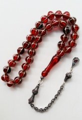 925 Ayar Gümüş Püsküllü Gümüş Yarma İşçilikli Ateş Kehribar Tesbih