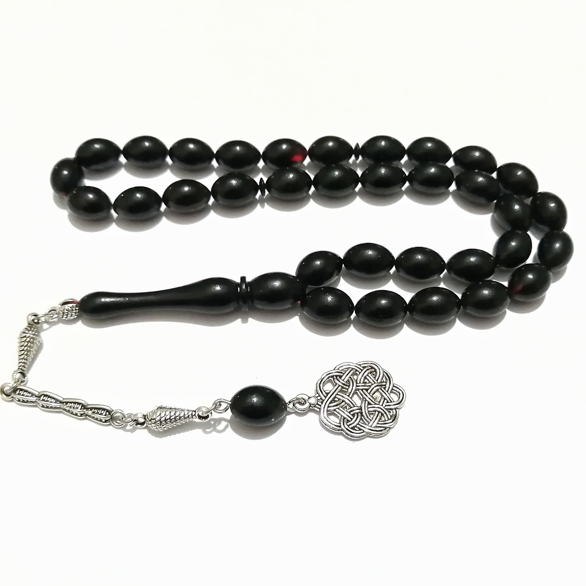 Alpaka Püsküllü Beyzi Kesim İç Renği kırmızı Sıkma Kehribar Tesbih