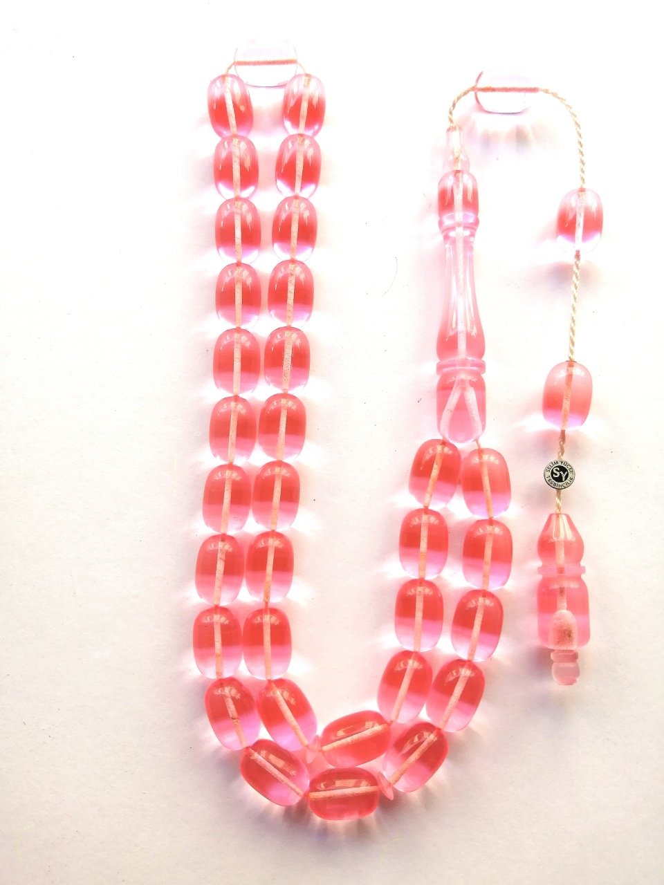 Sistem Püsküllü İmzalı Kapsül Kesim Pembe Uçak Camı Tesbih