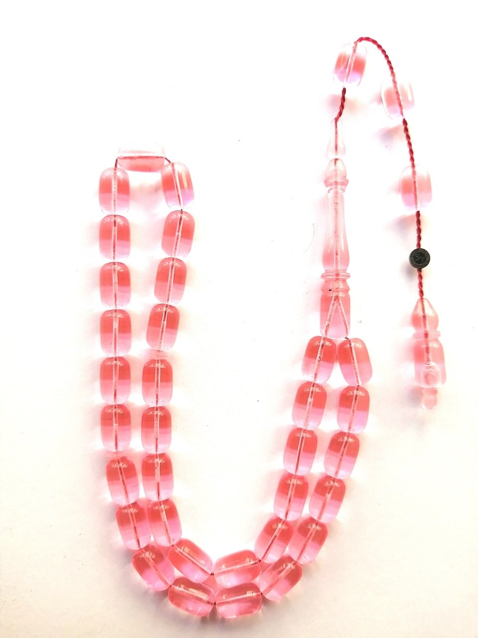 Sistem Püsküllü İmzalı Kapsül Kesim Pembe Katalin Uçak Camı Tesbih