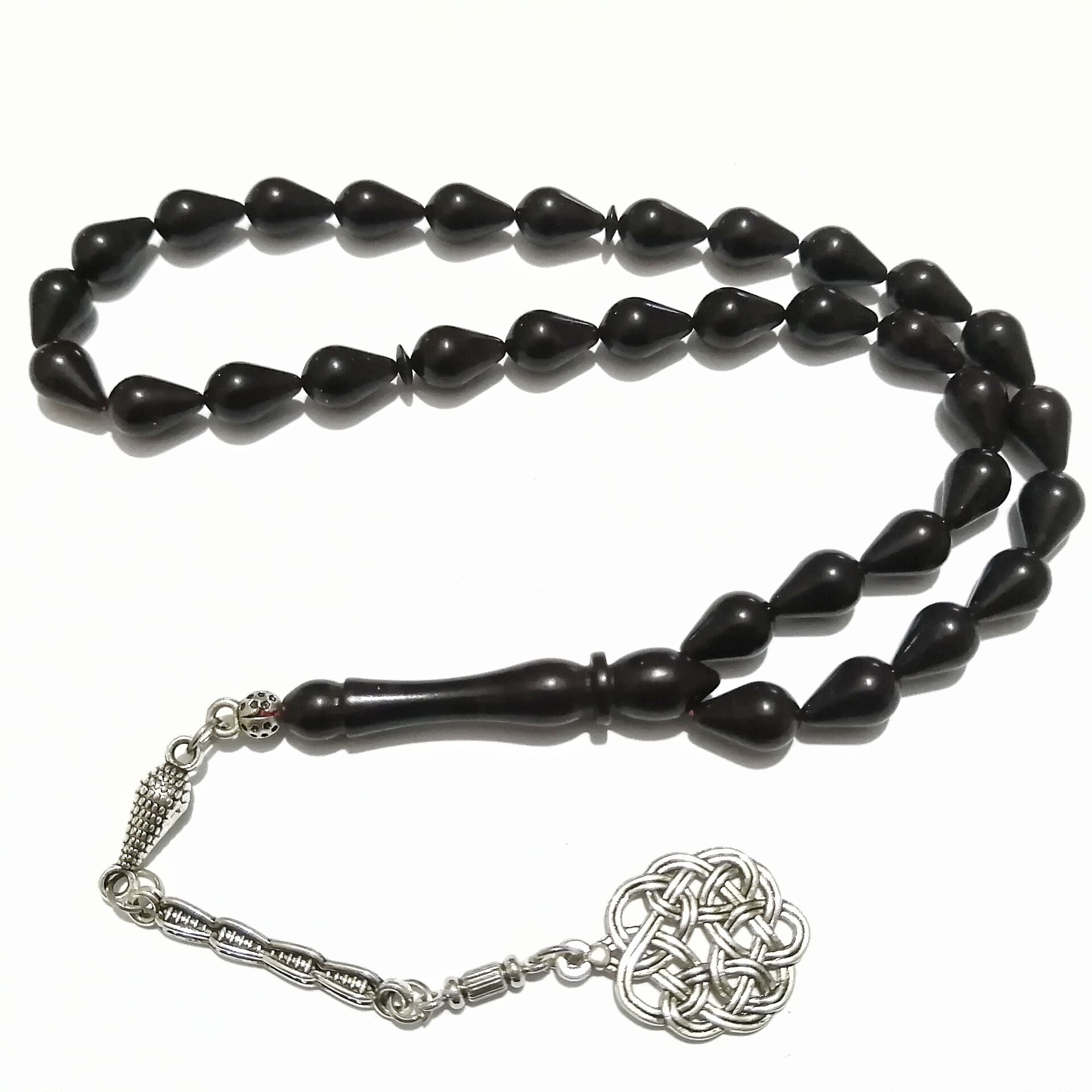 Alpaka Püsküllü Gözyaşı Damla Kesim Ateş Kehribar Tesbih