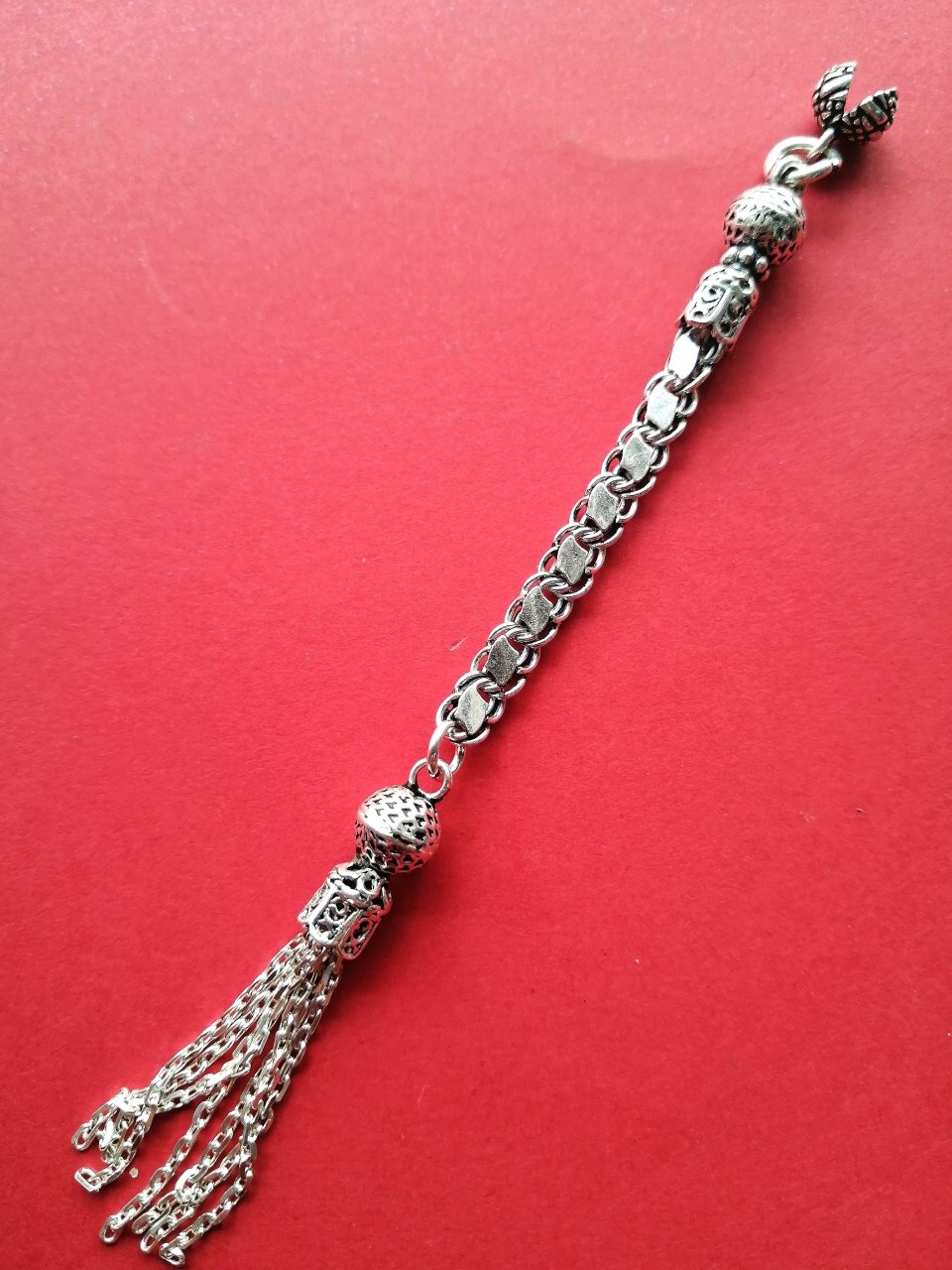 925 Ayar Gümüş Pul Zincirli Süpürğe Uçlu Tekli Tesbih Püskülü