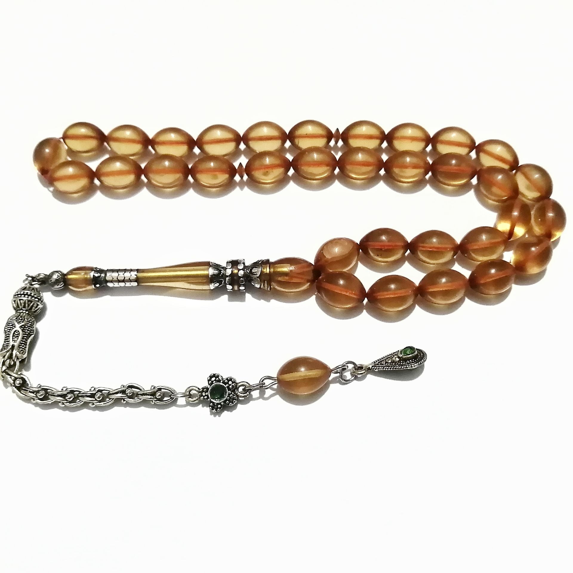 Gümüş Kaplama Püsküllü 925 Ayar Gümüş Nakkaş imameli Sıkma Kehribar Tesbih