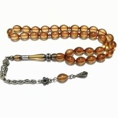 Gümüş Kaplama Püsküllü 925 Ayar Gümüş Nakkaş imameli Sıkma Kehribar Tesbih