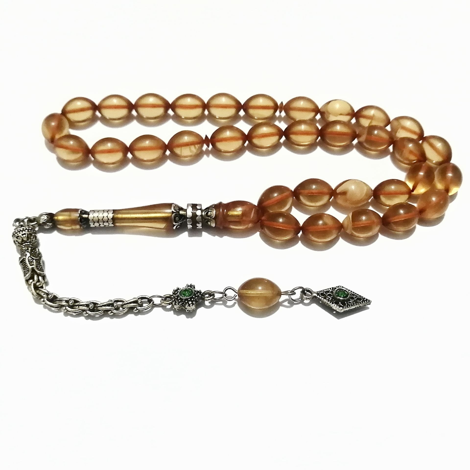 Gümüş Kaplama Püsküllü 925 Ayar Gümüş Nakkaş İmameli Sıkma Kehribar Tesbih