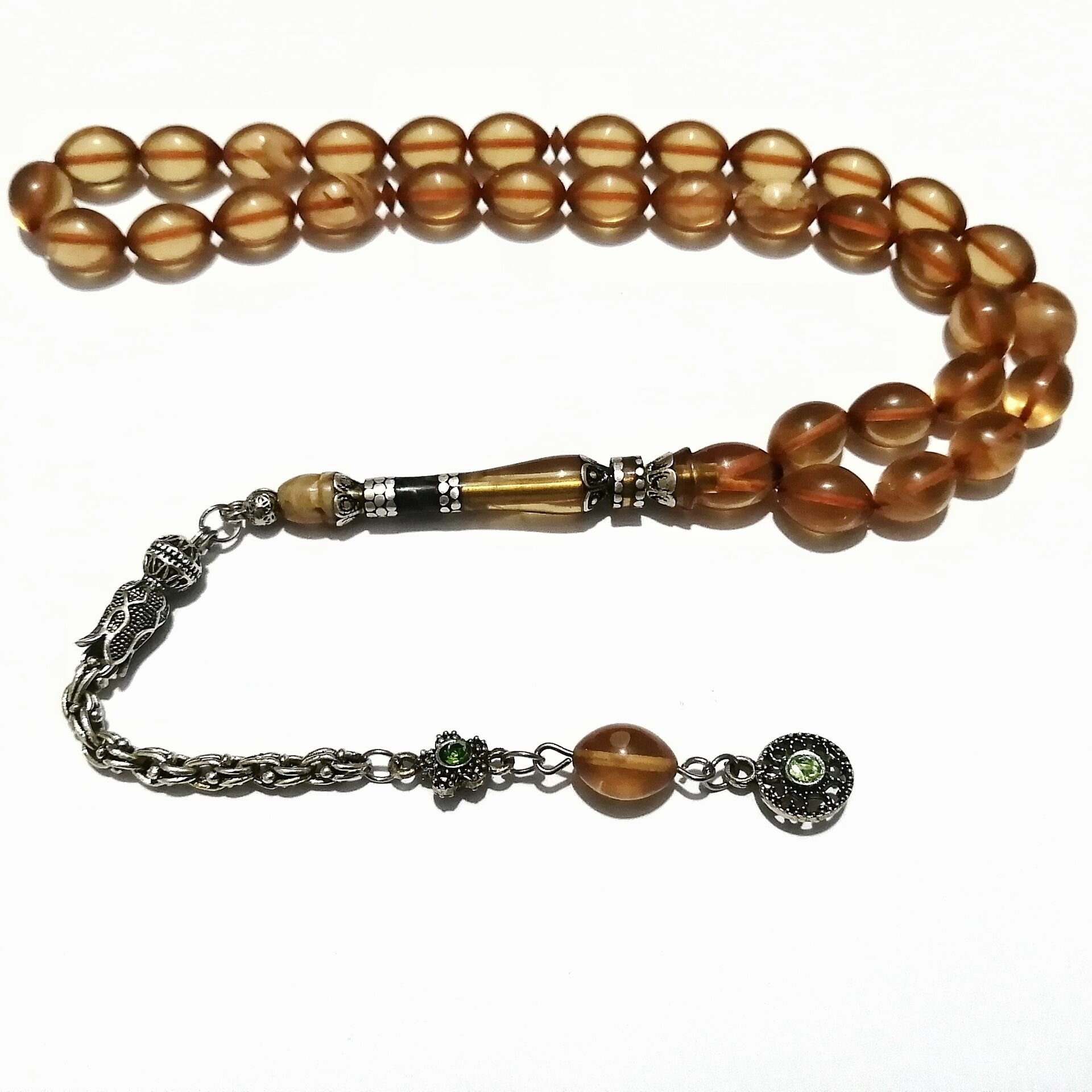 Gümüş Kaplama Püsküllü 925 Ayar Gümüş Nakkaş İmameli Sıkma Kehribar Tesbih