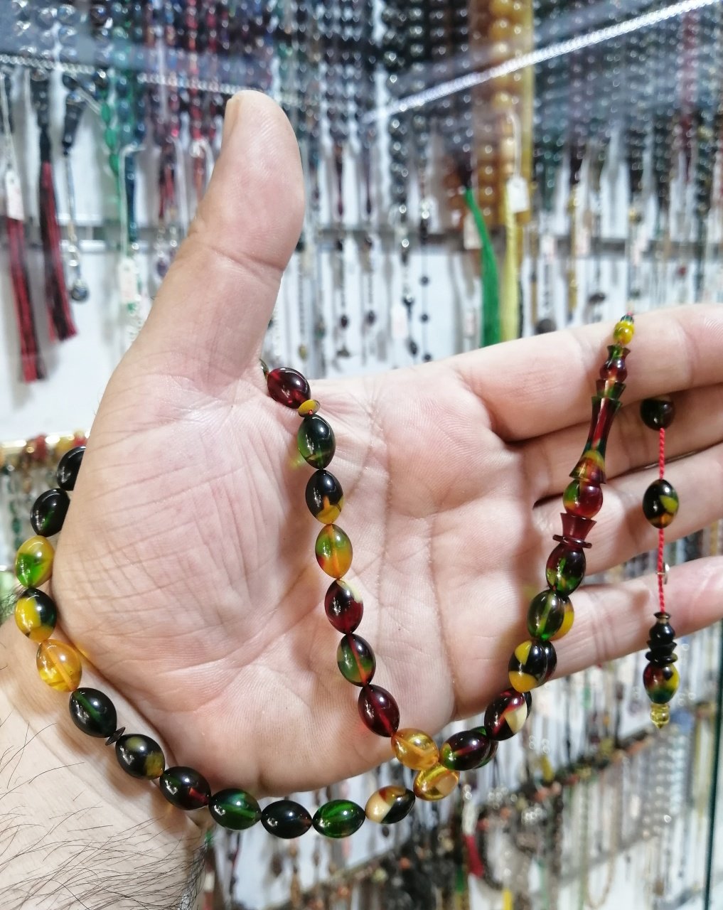 Sistem Püsküllü İmamesi İşçilikli İmzalı Mozaik Desenli Sıkma Kehribar Tesbih