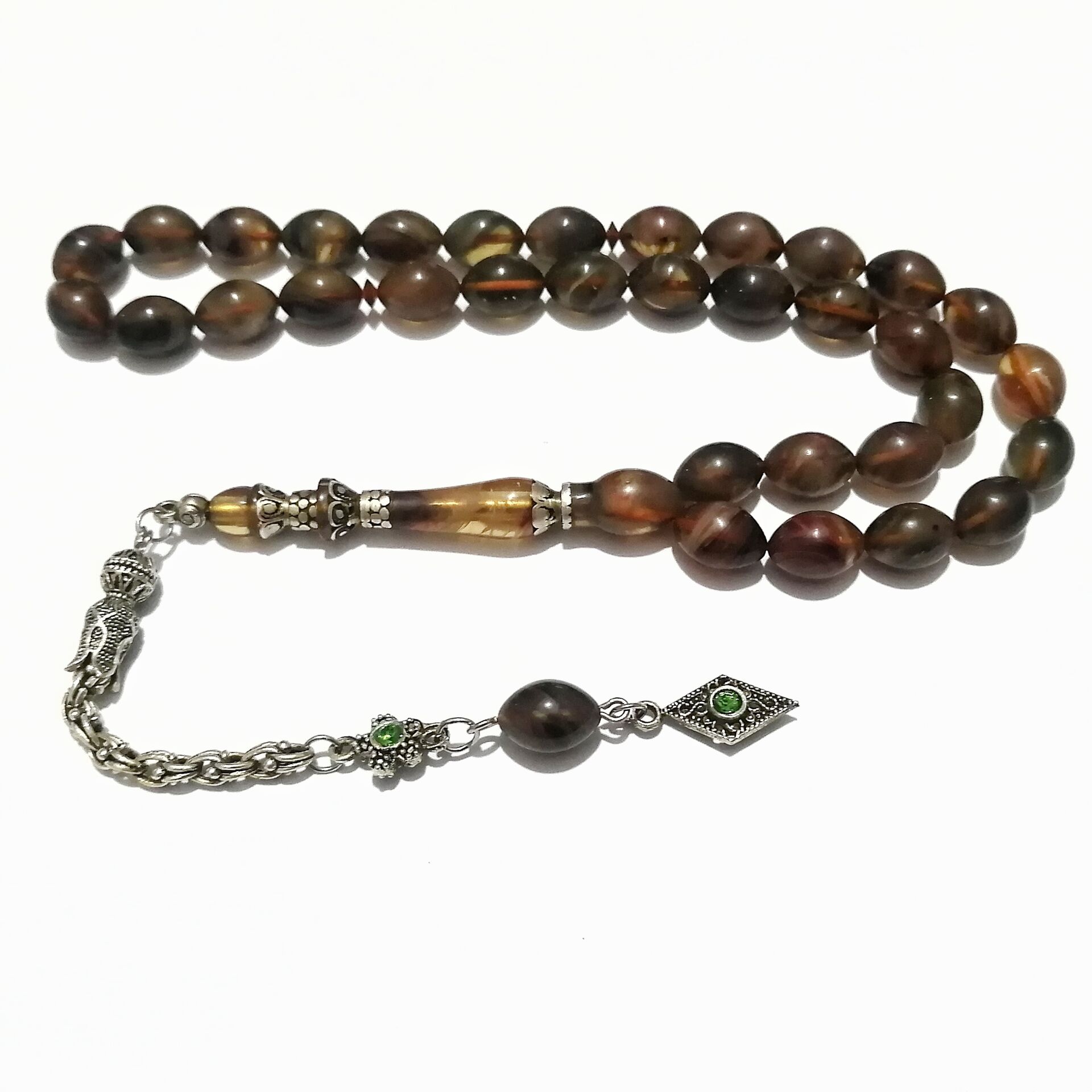 Gümüş Kaplama Püsküllü 925 Ayar Gümüş Nakkaş İmameli Sıkma Kehribar Tesbih