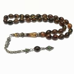 Gümüş Kaplama Püsküllü 925 Ayar Gümüş Nakkaş İmameli Sıkma Kehribar Tesbih