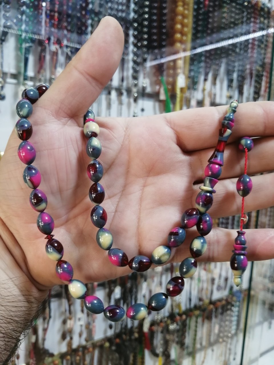 Sistem Püsküllü İmamesi İşçilikli İmzalı Mozaik Desenli Sıkma Kehribar Tesbih