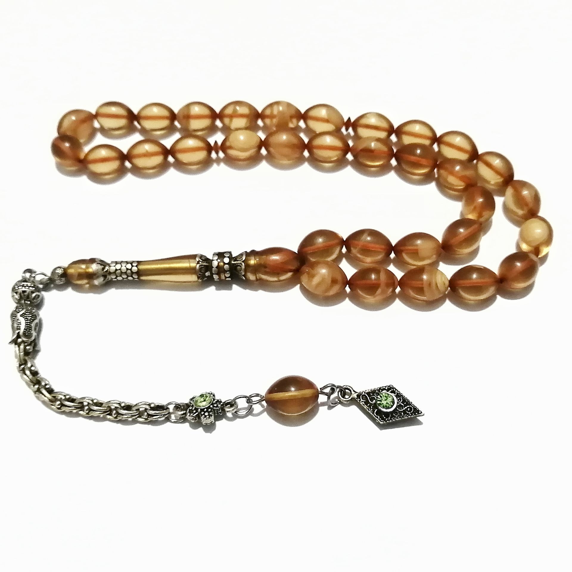 Gümüş Kaplama Püsküllü 925 Ayar Gümüş Nakkaş İmameli Sıkma Kehribar Tesbih