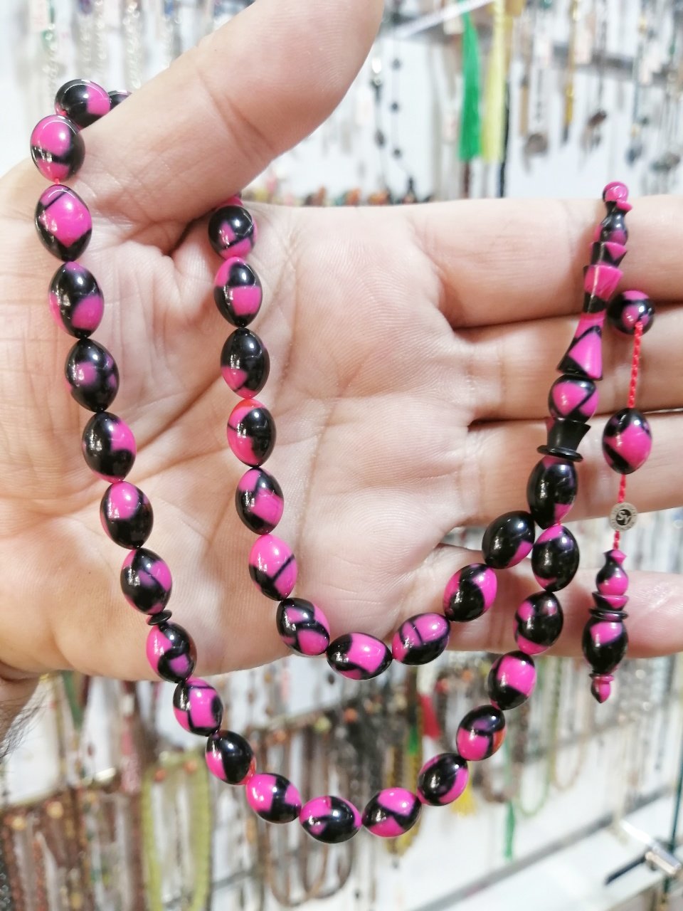 Sistem Püsküllü İmamesi İşçilikli İmzalı Mozaik Desenli Sıkma Kehribar Tesbih