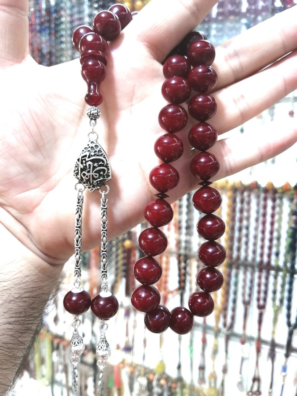 Osmanlı Benzetmesi 925 Ayar Gümüş Püsküllü Uçlu Kesim Sıkma Kehribar Tesbih