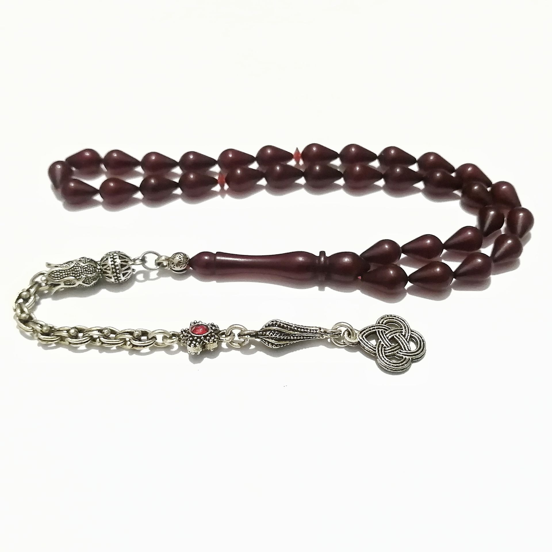 Alpaka Püsküllü Gözyaşı Damla Kesim Ateş Kehribar Tesbih