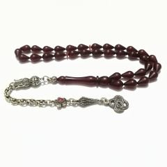 Alpaka Püsküllü Gözyaşı Damla Kesim Ateş Kehribar Tesbih