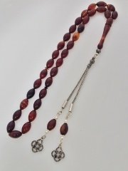 925 Ayar Gümüş Püsküllü Özel İşçilikli Atölye Yapımı Kolleksiyonluk Beyzi Kesim Sıkma Kehribar Tesbih