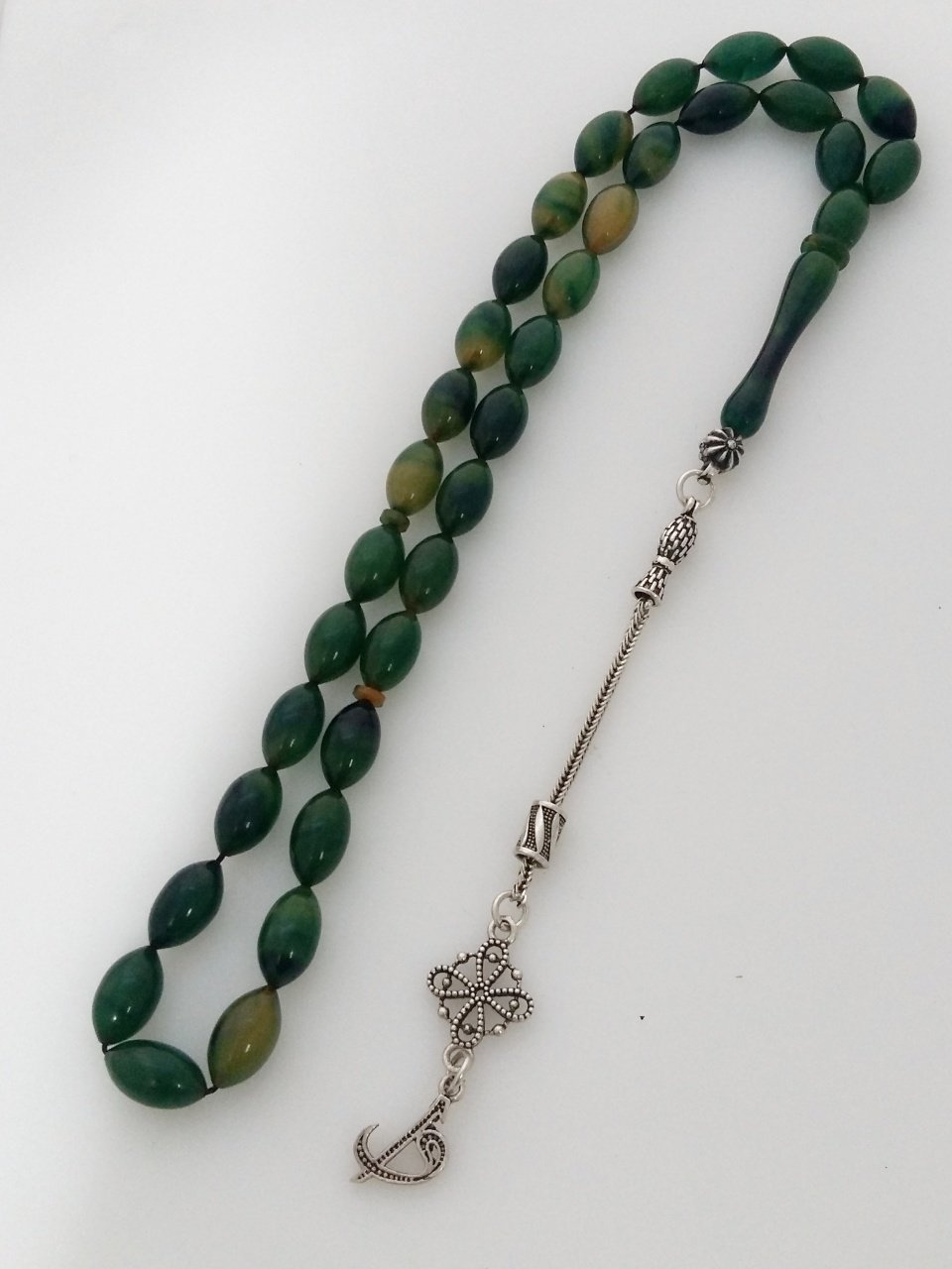 925 Ayar Gümüş Püsküllü Özel İşçilikli Atölye Hareli Sıkma Kehribar Tesbih