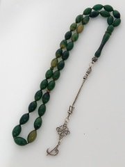 925 Ayar Gümüş Püsküllü Özel İşçilikli Atölye Hareli Sıkma Kehribar Tesbih