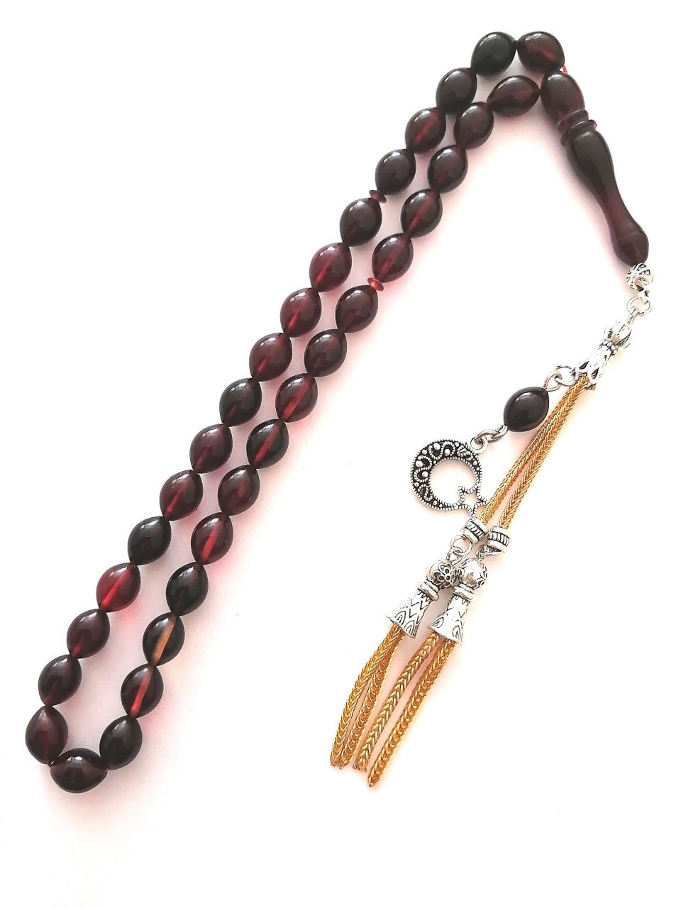 Alpaka Püsküllü Beyzi Kesim Sıkma Kehribar Tesbih