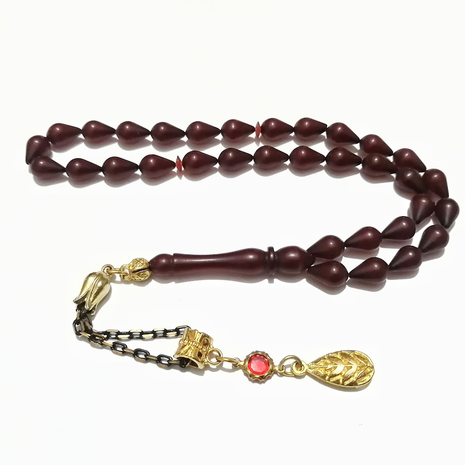 Alpaka Püsküllü Gözyaşı Damla Kesim Ateş Kehribar Tesbih