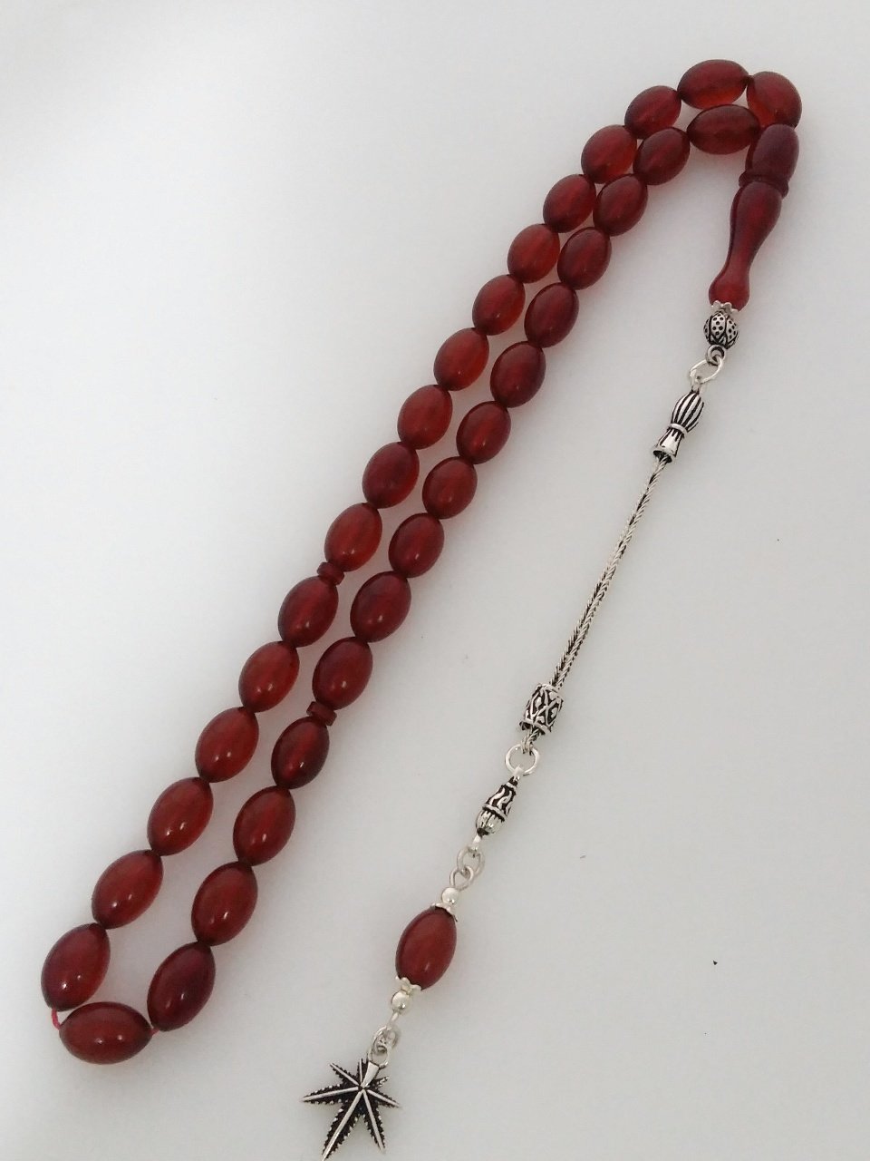 925 Ayar Gümüş Püsküllü Özel İşçilikli Atölye Yapımı Sıkma Kehribar Tesbih