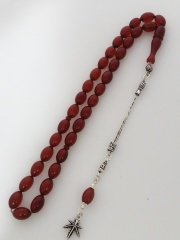 925 Ayar Gümüş Püsküllü Özel İşçilikli Atölye Yapımı Sıkma Kehribar Tesbih