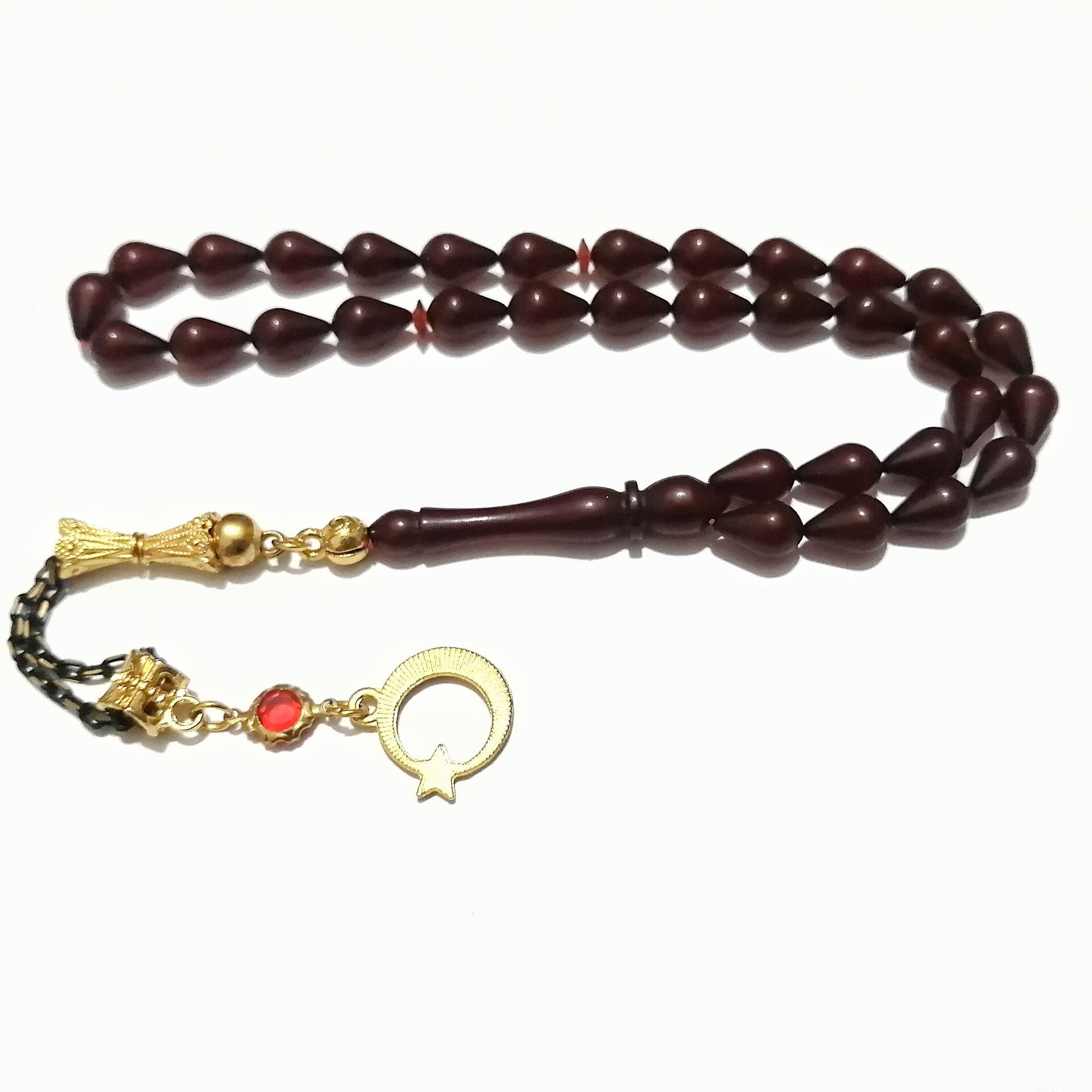 Alpaka Püsküllü Gözyaşı Damla Kesim Ateş Kehribar Tesbih