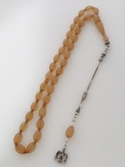 925 Ayar Gümüş Püsküllü Özel İşçilikli Atölye Yapımı Sıkma Kehribar Tesbih