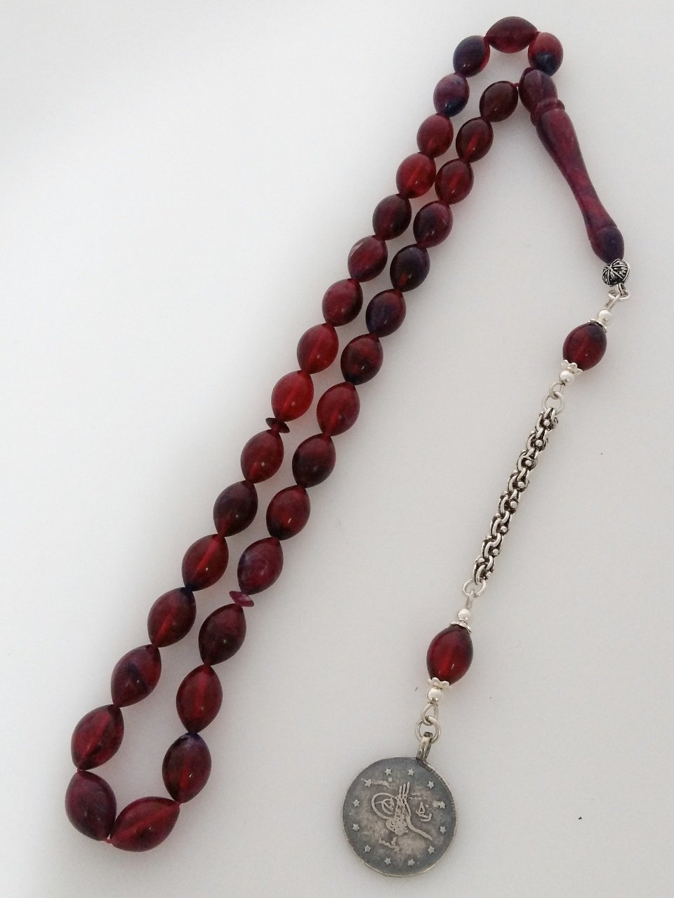 925 Ayar Gümüş Püsküllü Özel İşçilikli Atölye Yapımı Sıkma Kehribar Tesbih