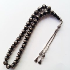 925 Ayar Gümüş Püsküllü Gümüş işlemeli Küre Kesim Rus Taşı Tesbih