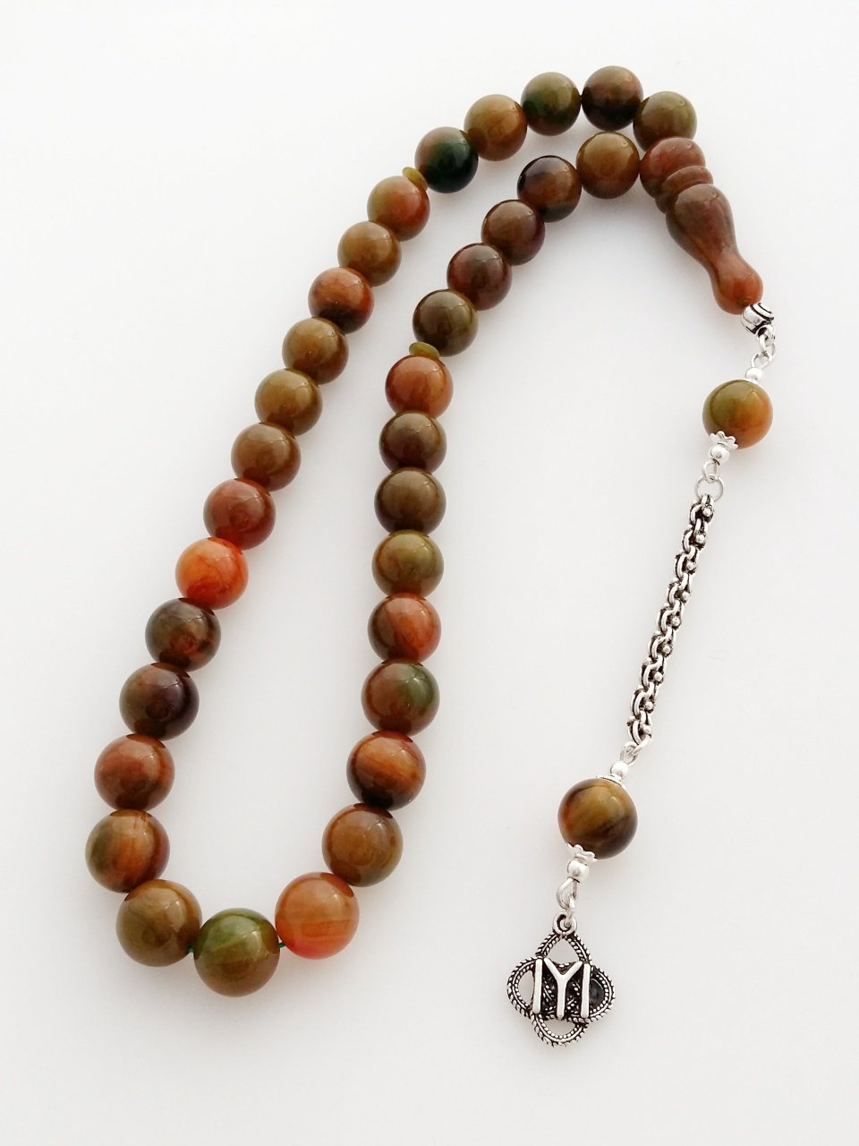 925 Ayar Gümüş Püsküllü Özel İşçilikli Atölye Yapımı Küre Kesim Hareli Sıkma Kehribar Tesbih