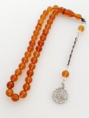 925 Ayar Gümüş Püsküllü Özel İşçilikli Atölye Yapımı Ateş Kehribar Tesbih