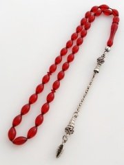 925 Ayar Gümüş Püsküllü Özel İşçilikli Atölye Yapımı Ateş Kehribar Tesbih