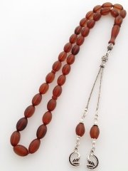 925 Ayar Gümüş Püsküllü Özel İşçilikli Atölye Yapımı Ateş Kehribar Tesbih