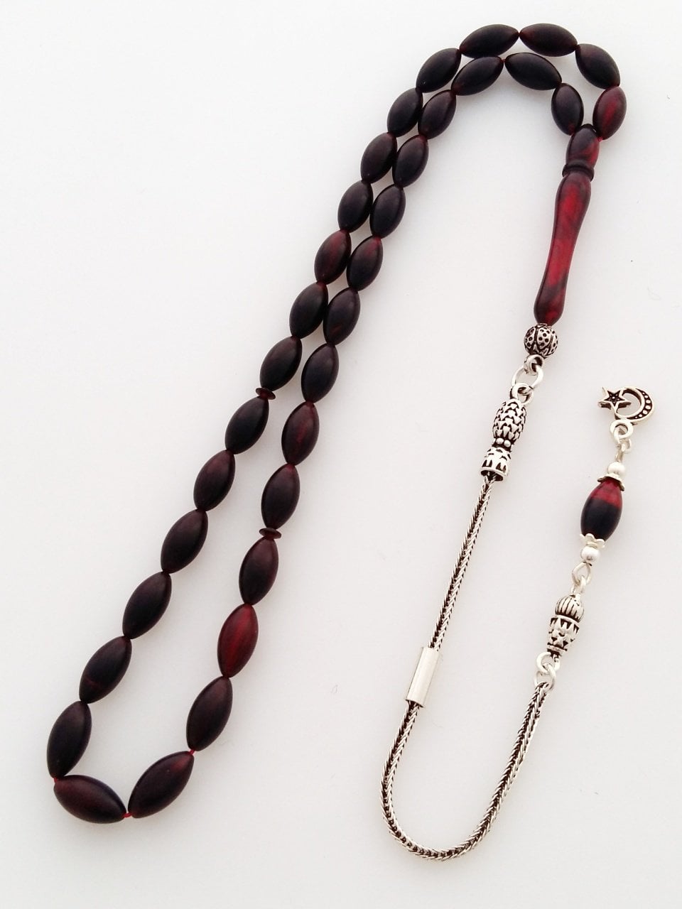 925 Ayar Gümüş Püsküllü Özel İşçilikli Atölye Yapımı Ateş Kehribar Tesbih