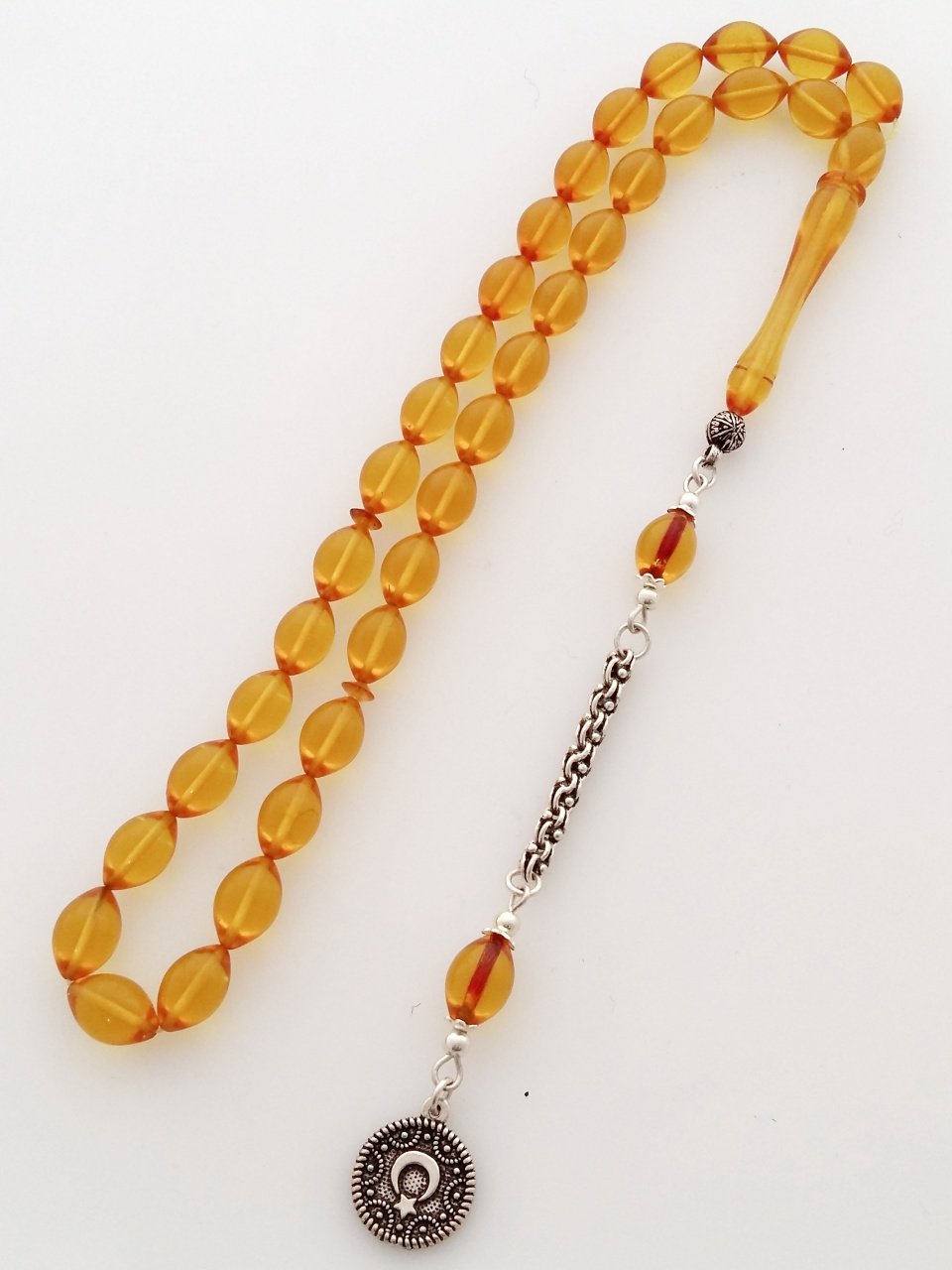 925 Ayar Gümüş Püsküllü Özel İşçilikli Atölye Yapımı Ateş Kehribar Tesbih