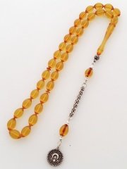 925 Ayar Gümüş Püsküllü Özel İşçilikli Atölye Yapımı Ateş Kehribar Tesbih