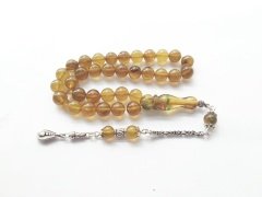 925 Ayar Gümüş Püsküllü Hareli Küre Kesim Sıkma Kehribar Tesbih